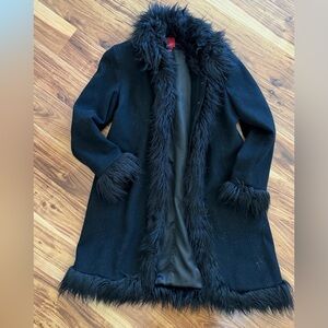 Esprit Black penny lane Fur Trim coat jacket vtg